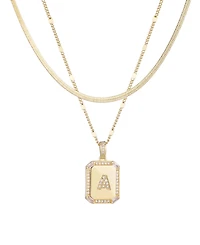 Adornia Gold Pave Tag Pendant and Herringbone Chain Initial Necklace Set