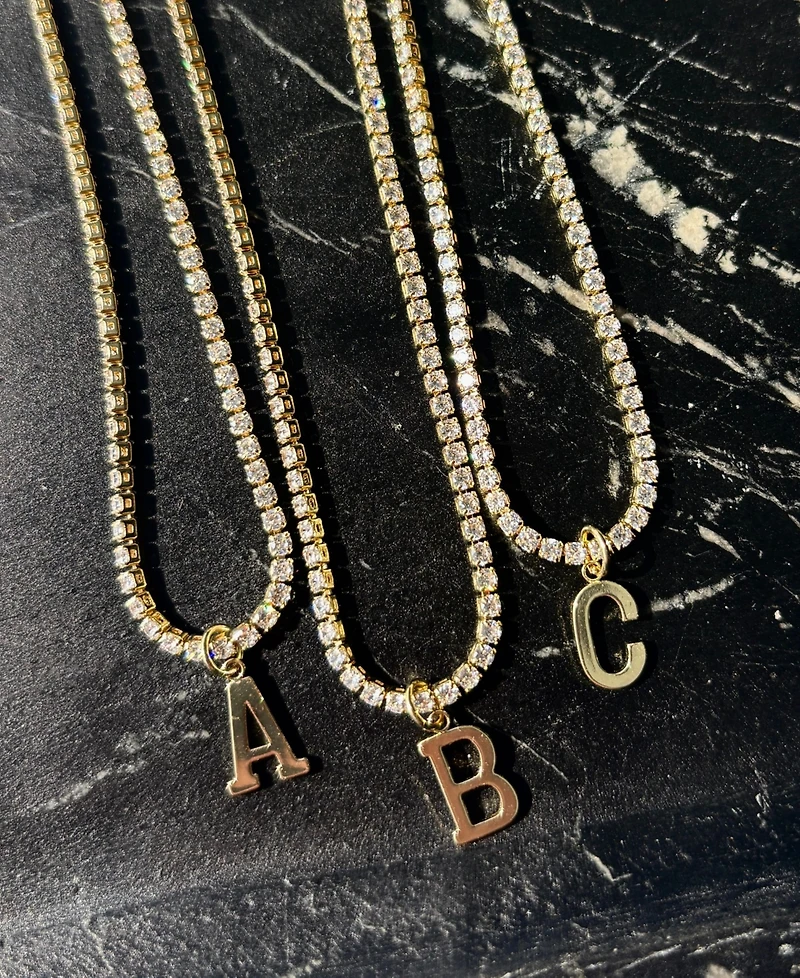 Adornia Gold Crystal Initial Charm Tennis Necklace