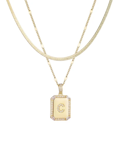 Adornia Gold Pave Tag Pendant and Herringbone Chain Initial Necklace Set