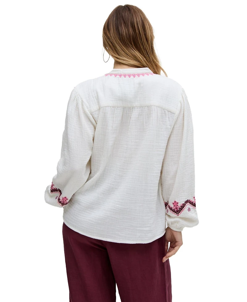 Raffya Women's Dina V-Neck Embroidered Blouse