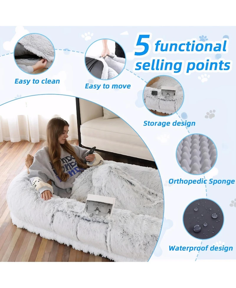 Streamdale Furniture Human Dog Bed Washable Faux Fur Orthopedic 71"x45" (Grey)