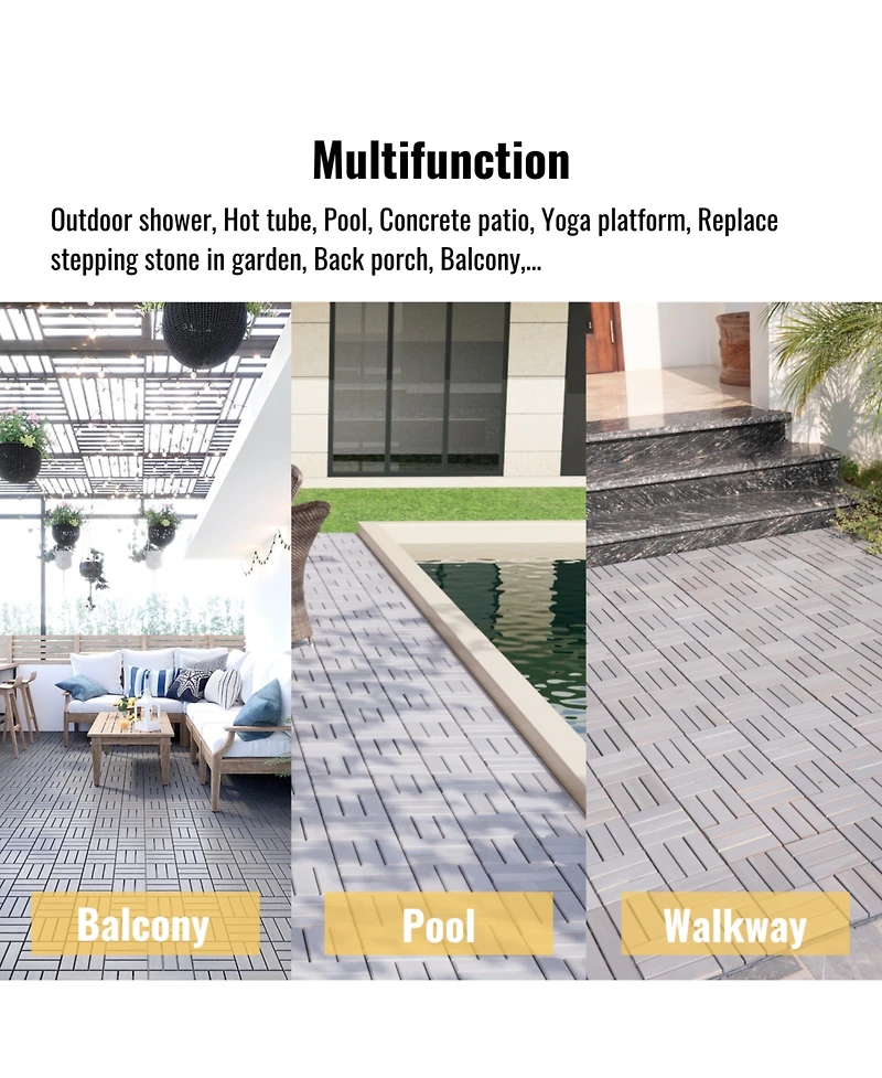 Streamdale Furniture Interlocking Deck Tiles Light Gray Acacia 12"x12" (30 Pcs)