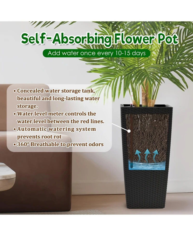 Streamdale Furniture 22" Faux Rattan Square Planter w/ Self-Watering (2-Pack Black)