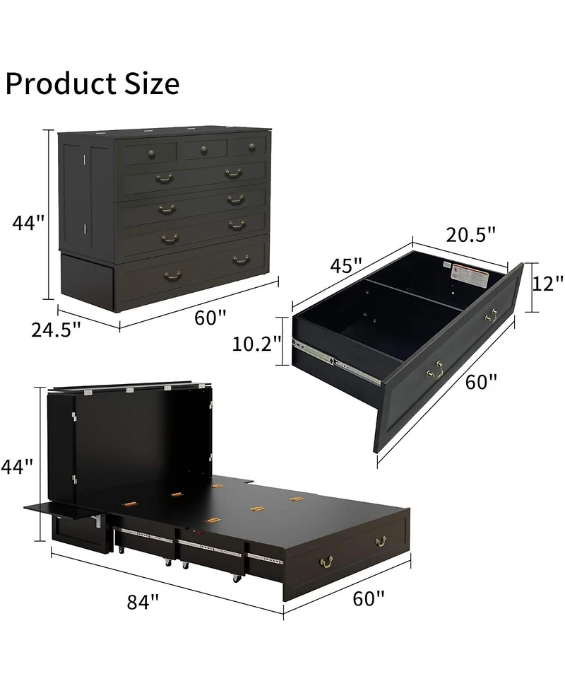Murphy Bed Cabinet with Drawer Includes Storage Cabinet, Murphy Bed Twin Suit for Home Office or Small Room, Murphy Bed Black Twin
