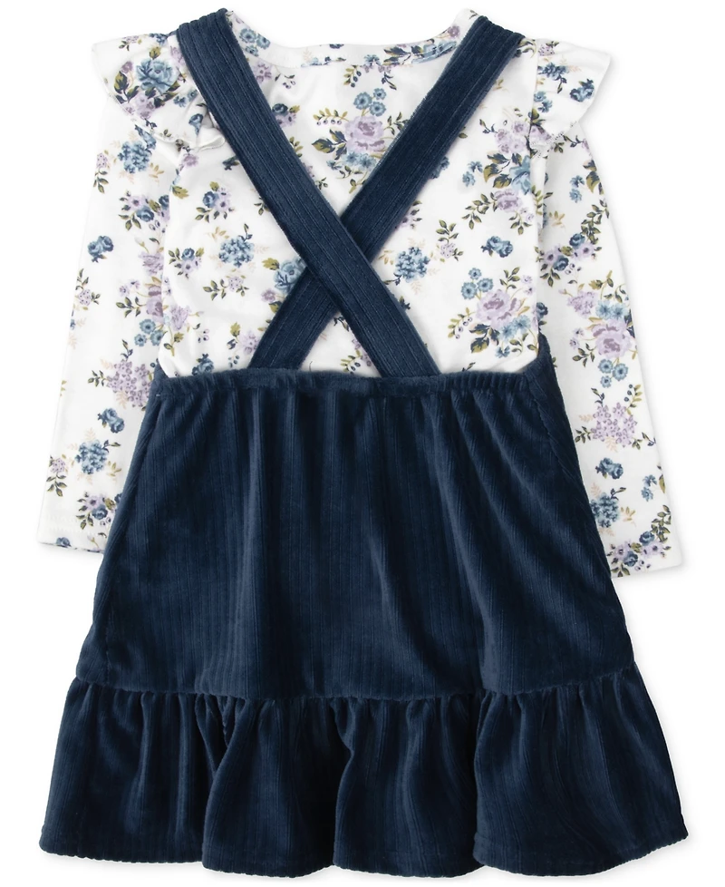 Baby Essentials Girls Velour Rib Knit Jumper, Floral-Print Shirt & Footed Tights, 3 Piece Set