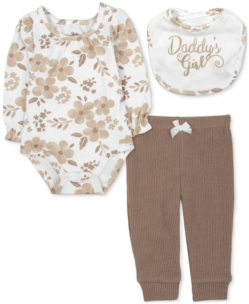 Baby Essentials Baby Girls Daddy's Girl Bib, Floral-Print Bodysuit & Pants, 3 Piece Set