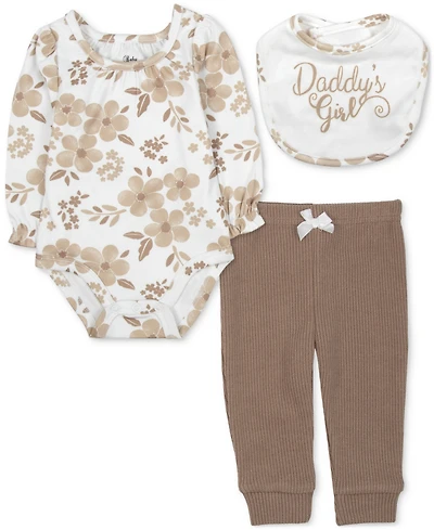 Baby Essentials Baby Girls Daddy's Girl Bib, Floral-Print Bodysuit & Pants, 3 Piece Set