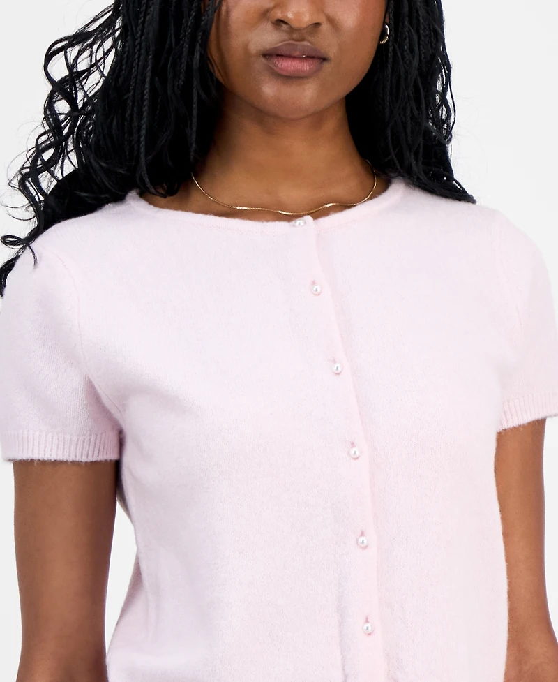 Hippie Rose Juniors' Short-Sleeve Faux-Pearl Cardigan