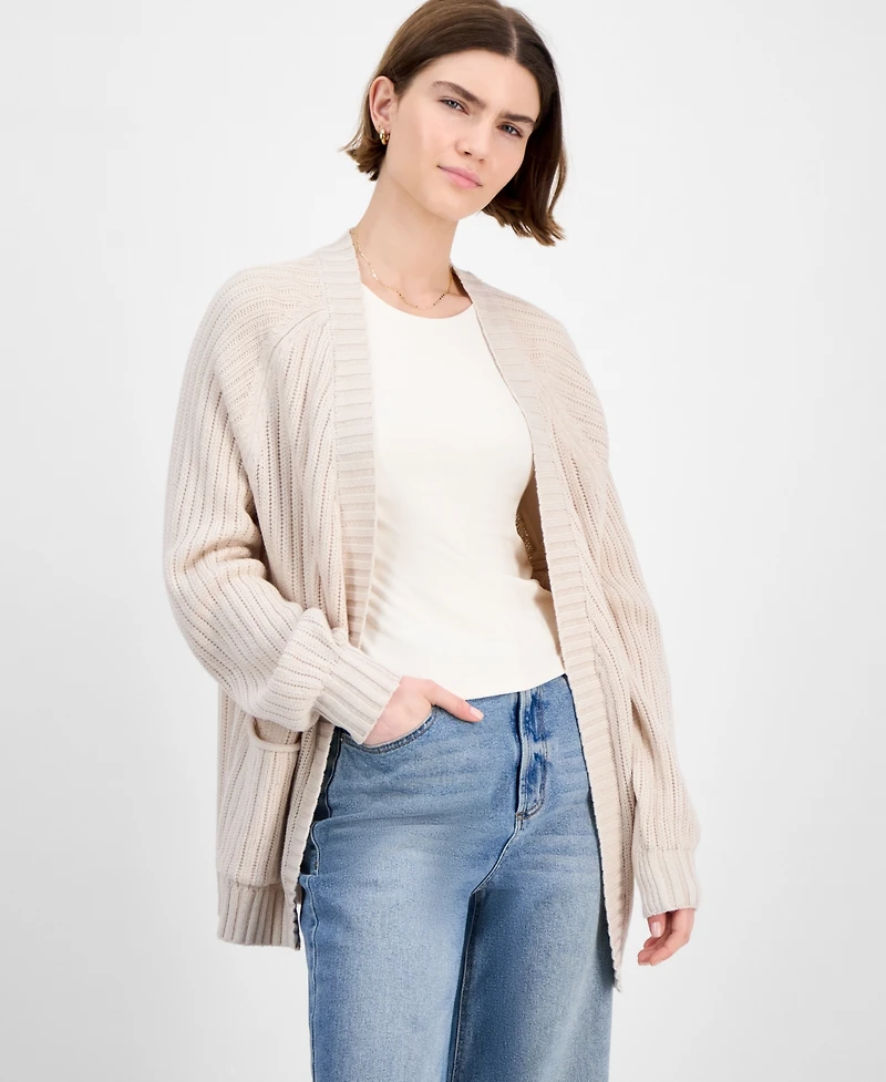 Hippie Rose Juniors' Open-Front Pointelle-Knit Cardigan