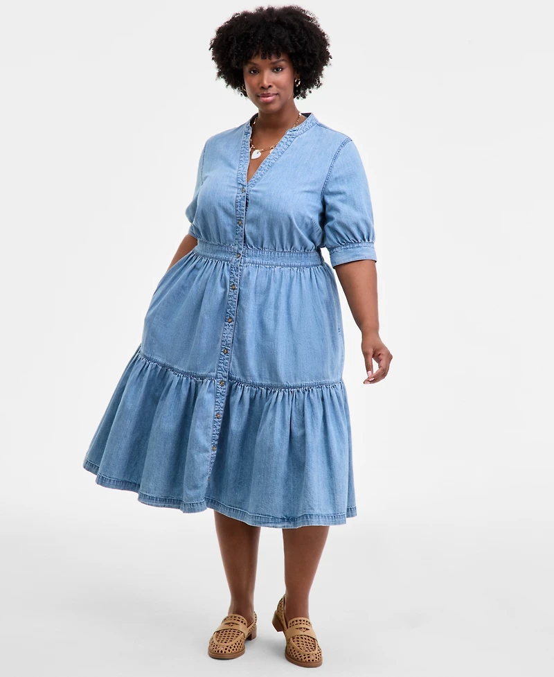 On 34th Trendy Plus Cotton Button-Front Tiered Midi Dress, Macy's Exclusive