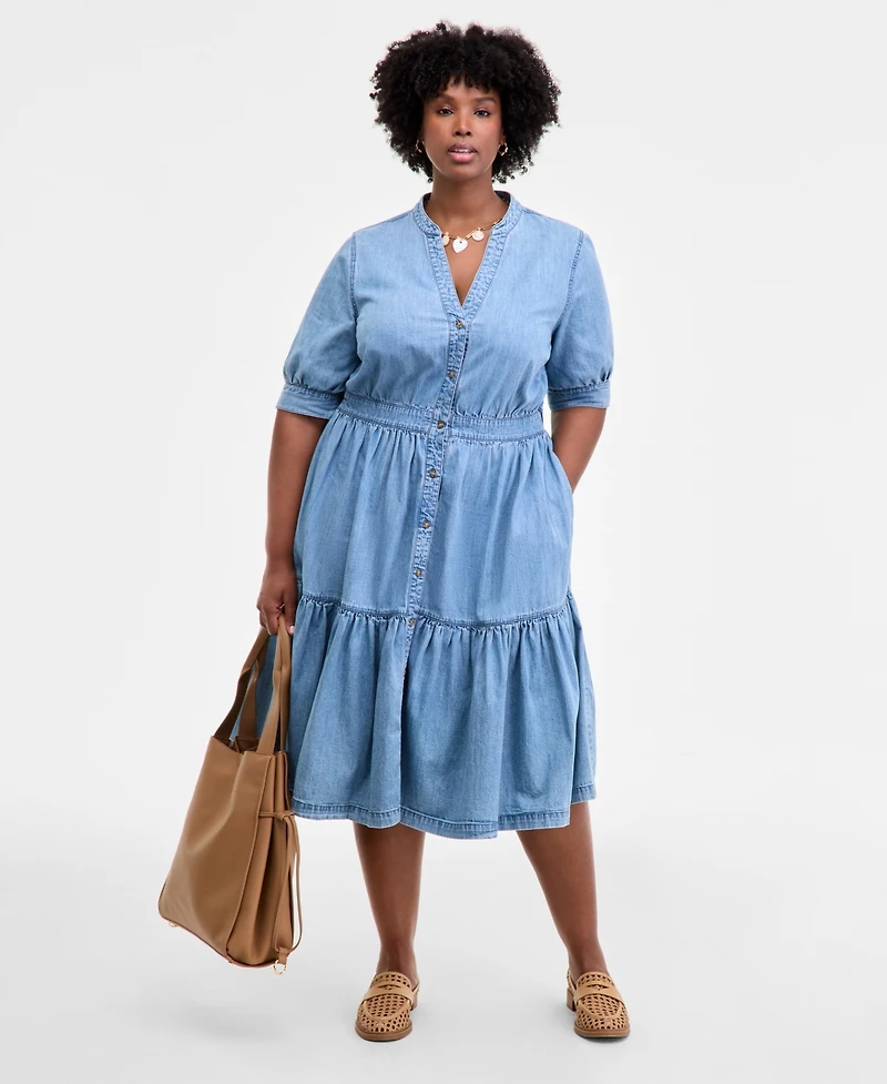On 34th Trendy Plus Cotton Button-Front Tiered Midi Dress, Macy's Exclusive