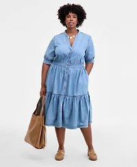 On 34th Trendy Plus Cotton Button-Front Tiered Midi Dress, Macy's Exclusive