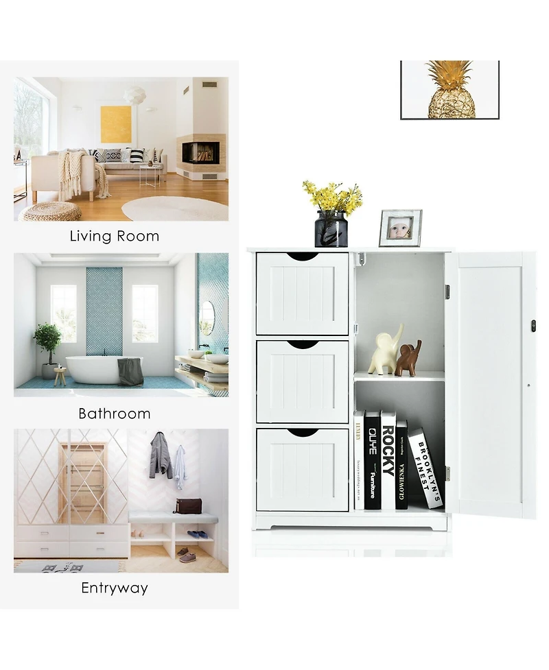 Volenca Bathroom Floor Cabinet Side Storage Cabinet with 3 Drawers and 1 Cupboard