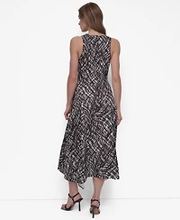 Dkny Women's Printed Crewneck High-Low Hem Midi Dress