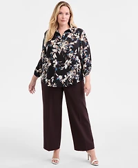Ak Anne Klein Plus Printed Collared V-Neck Blouse