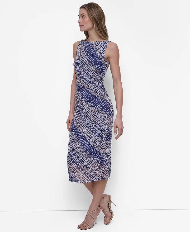 Dkny Women's Printed Ruched Sleeveless Midi Dress
