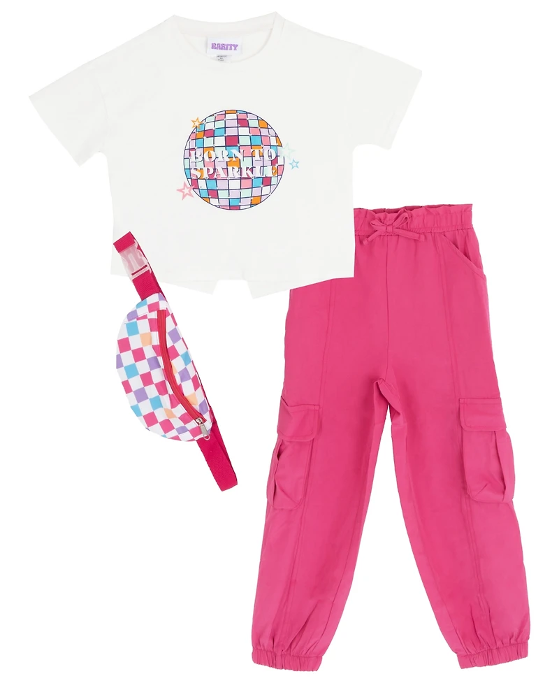 Rare Editions Toddler and Little Girls 3-Piece Born to Sparkle T-Shirt, Cargo Pants Bag Set