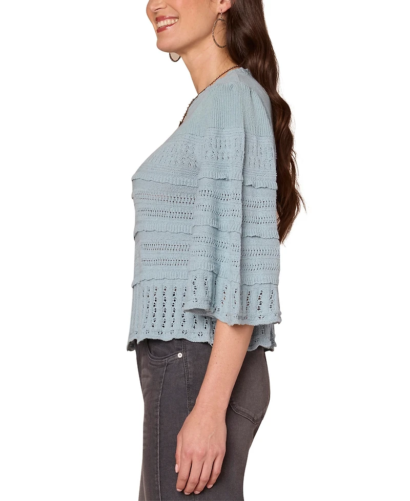 Democracy Women's Cotton Round-Neck Bell-Sleeve Sweater