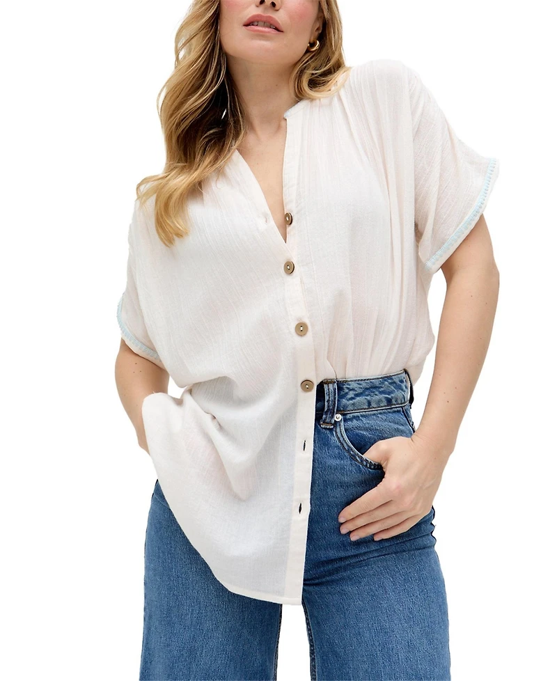 Raffya Women's Juneeta Crop Sleeve Button Down Shirt