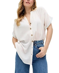 Raffya Women's Juneeta Crop Sleeve Button Down Shirt