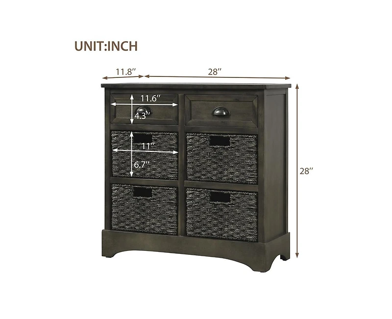 Casainc Rustic Storage Cabinet with Two Drawers and Four Classic Rattan Basket