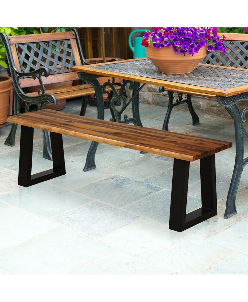 Gymax 2 Pcs Solid Acacia Wood Patio Bench Dining Bench Outdoor W/Rustic Metal Legs