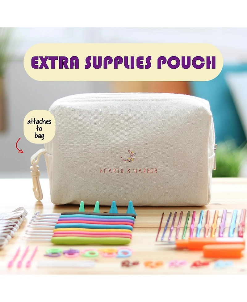 Hearth & Harbor Durable Canvas Crochet & Knitting Bag Organizer with Accessories Case - Yarn Organizer for Crochet Accessories and Supplies