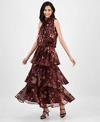 julia jordan Women's Tie-Neck Blouson Tiered Maxi Dress