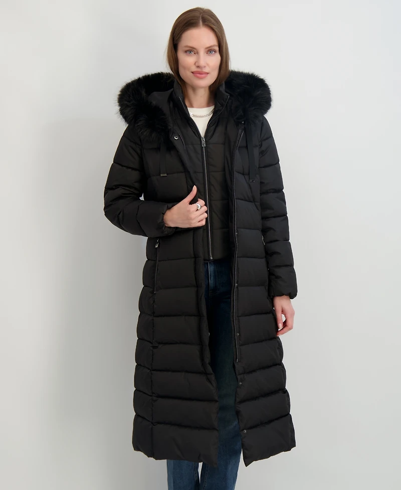 Tahari Womens Maxi Shine Bibbed Faux-Fur-Trimmed Hooded Puffer Coat