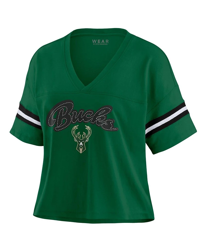 Wear by Erin Andrews Women's Hunter Green Milwaukee Bucks Color Block Boxy V-Neck T-Shirt