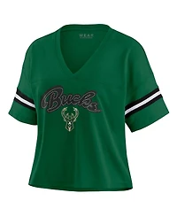 Wear by Erin Andrews Women's Hunter Green Milwaukee Bucks Color Block Boxy V-Neck T-Shirt