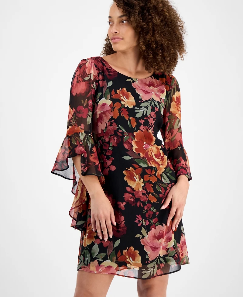 Connected Petite Floral-Print Bell Flare-Sleeve Dress