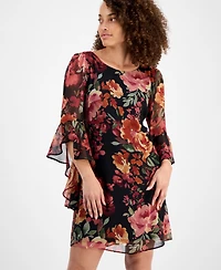 Connected Petite Floral-Print Bell Flare-Sleeve Dress