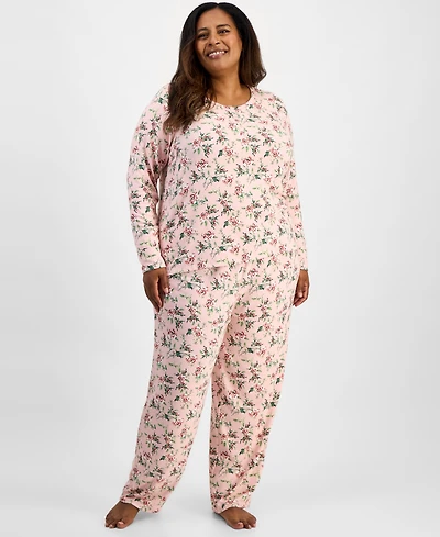 Charter Club Plus Long-Sleeve Henley Knit Pajama Set