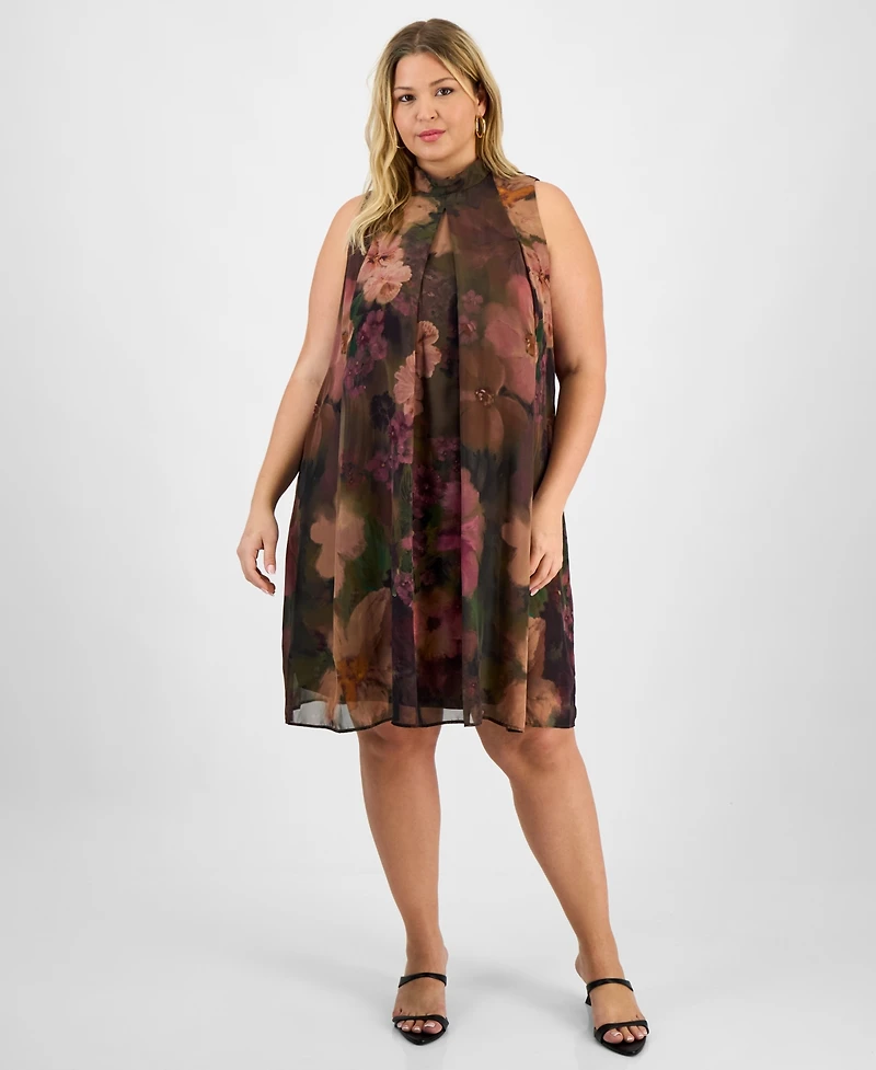 Robbie Bee Plus Floral Chiffon Mock-Neck Dress