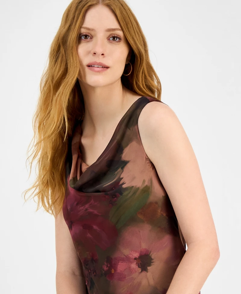Robbie Bee Petite Printed Cowlneck High-Low Midi Dress