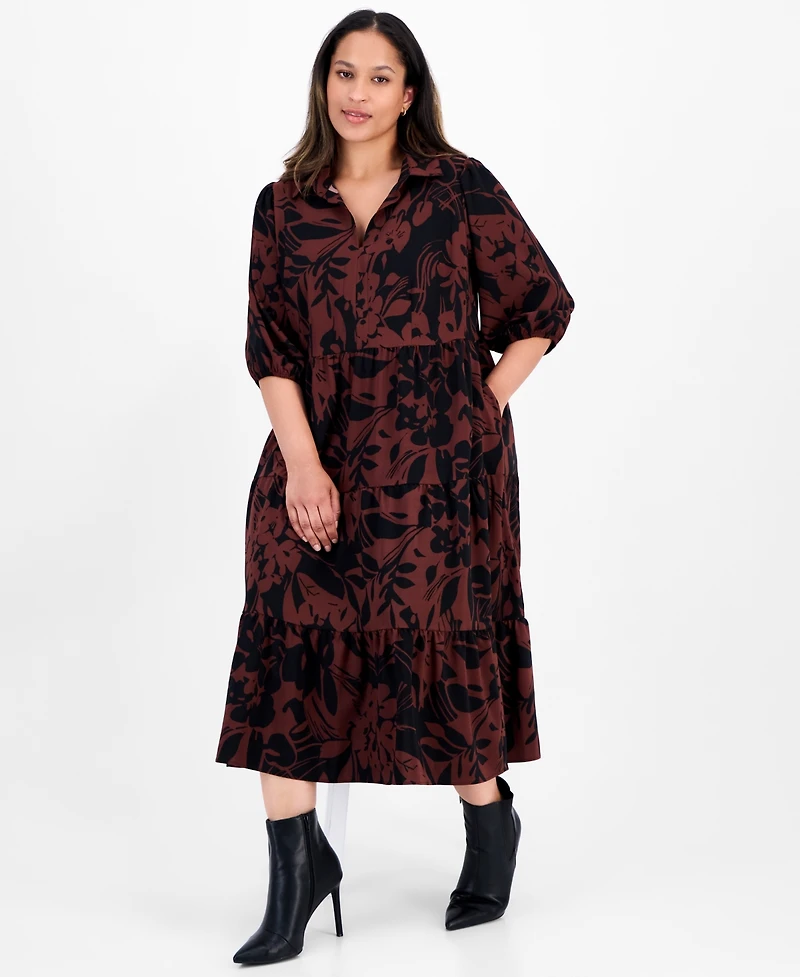 Sandra Darren Plus 3/4-Sleeve Tiered Midi Dress
