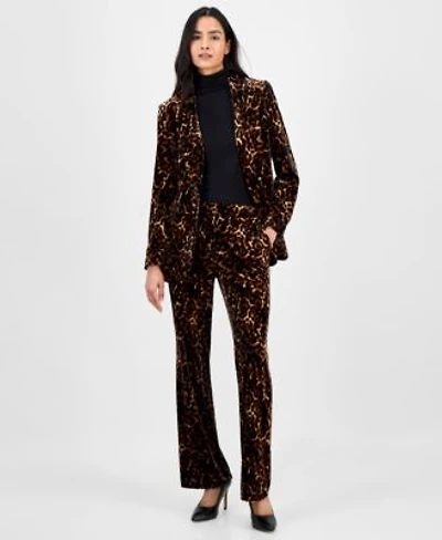 Anne Klein Womens Animal Print One Button Blazer Long Sleeve Turtleneck Animal Print Velvet Pants