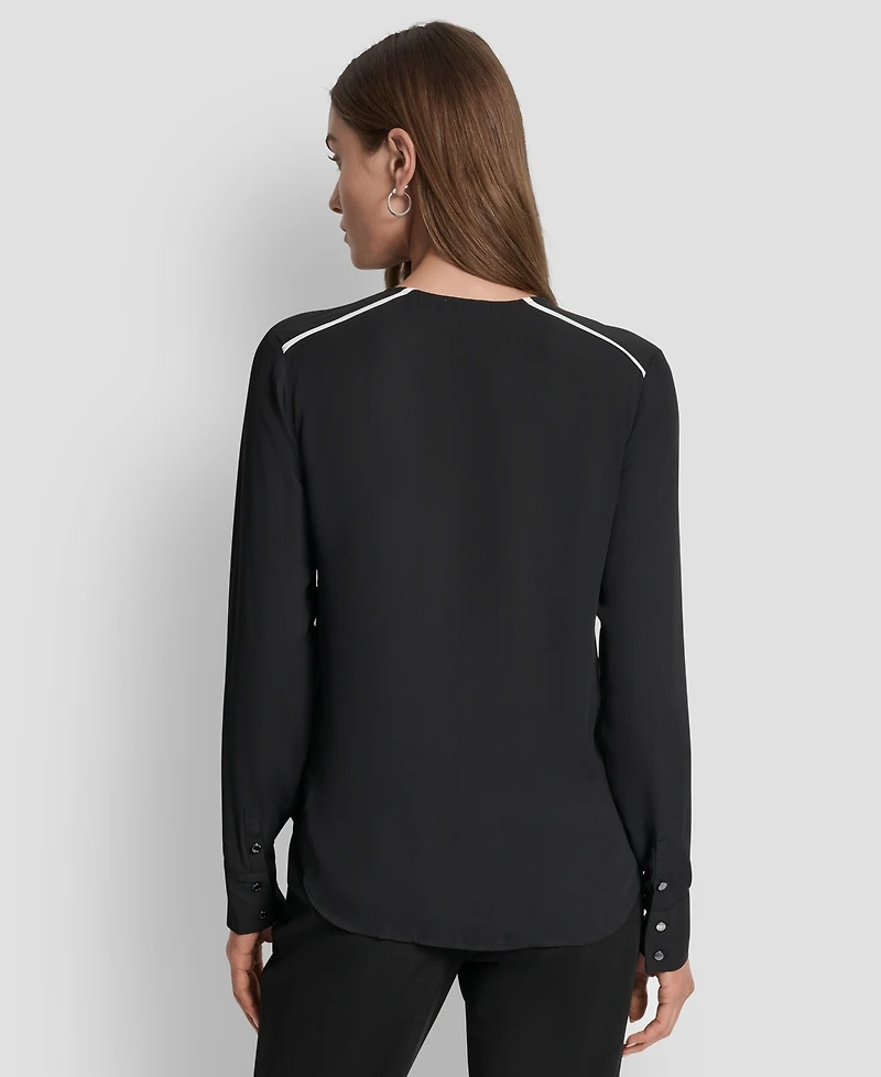 Dkny Women's Long Sleeve Trimmed Lapel Blouse, Regular & Petite