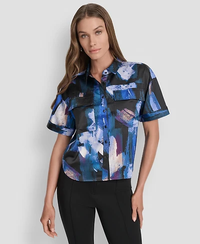 Dkny Women's Printed Flap-Pocket Camp Shirt