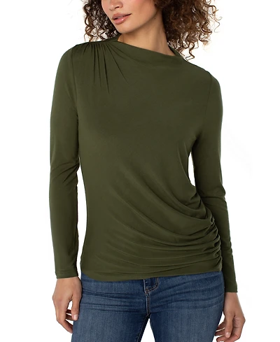 Liverpool Los Angeles Women's Mock-Neck Long-Sleeve Shirred Knit Top