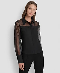 Dkny Women's Mixed-Media Organza Long-Sleeve Blouse