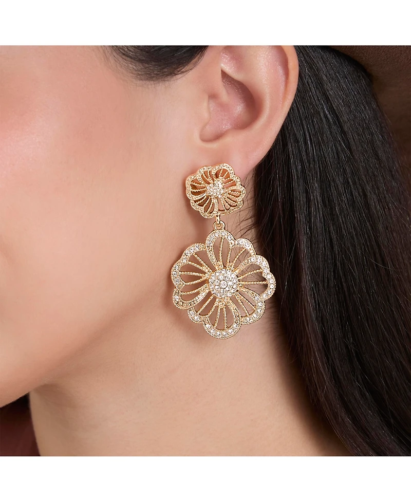 Jessica Simpson Gold-Tone Floral Drop Earrings with Pave Crystal Accents