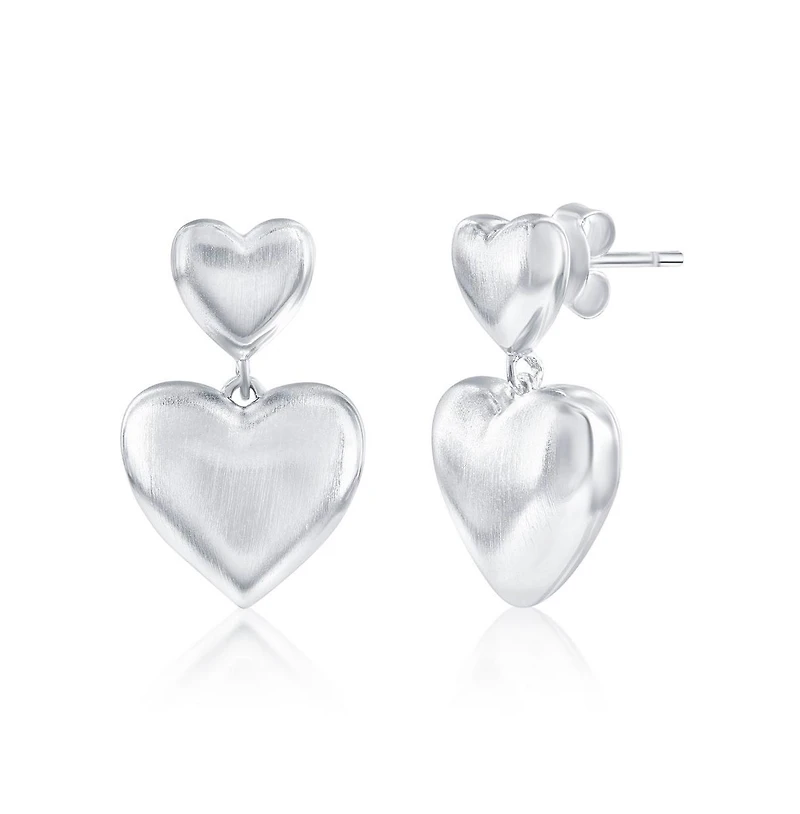 Simona Sterling Silver, Double Heart, Matte Puffed Earrings