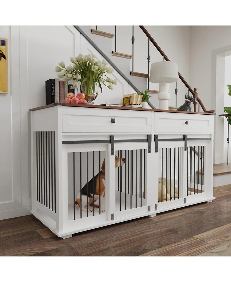 Streamdale Furniture 63" Double Dog Crate Furniture with Drawers & Divider