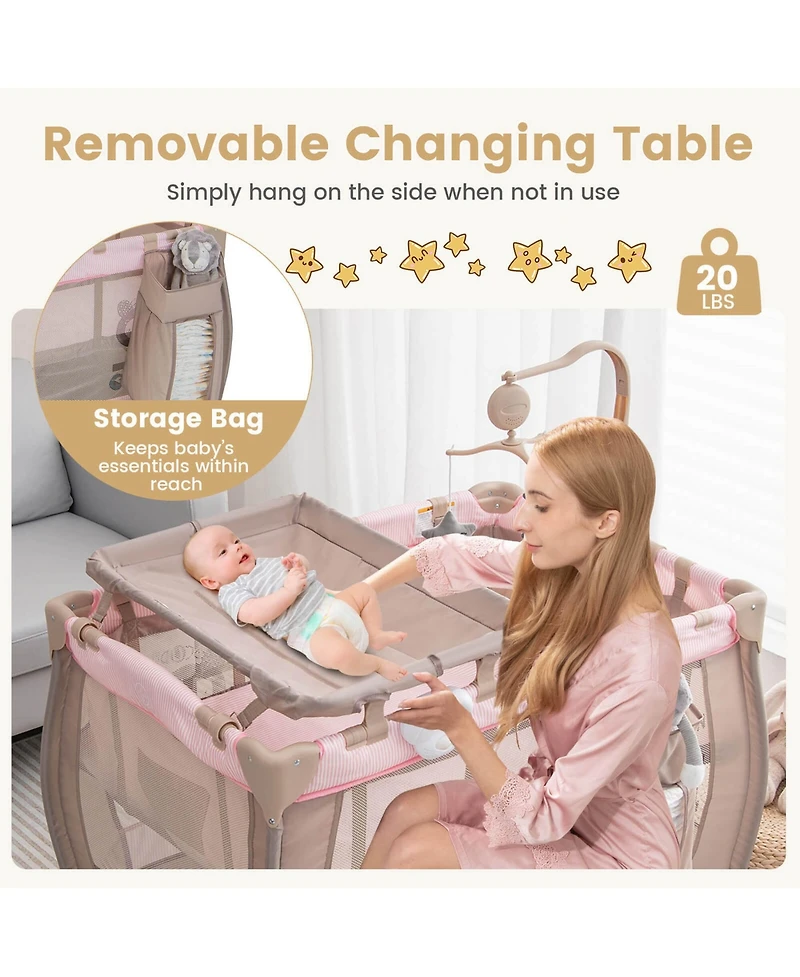 Costway Kids Portable Playard Nursery Center Crib with Hanging Toys & Music Box Unisex 0-3 Years