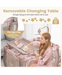 Costway Kids Portable Playard Nursery Center Crib with Hanging Toys & Music Box Unisex 0-3 Years