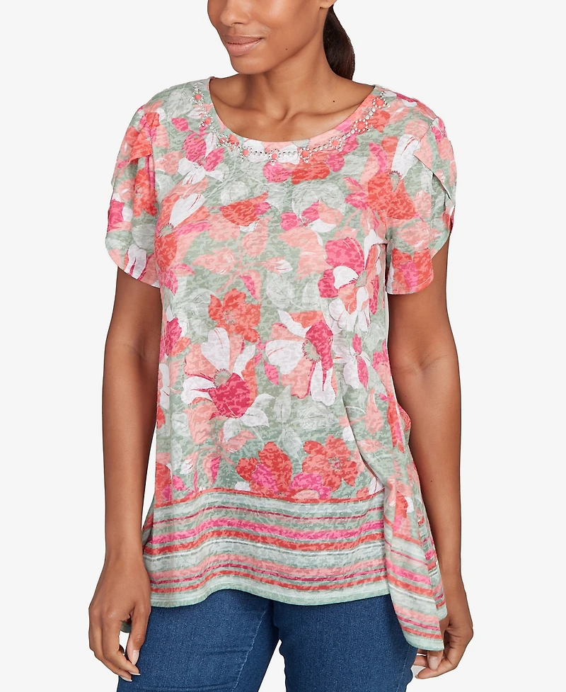 Ruby Rd. Petite Floral Striped Border Flutter Sleeve Top