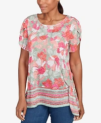 Ruby Rd. Petite Floral Striped Border Flutter Sleeve Top