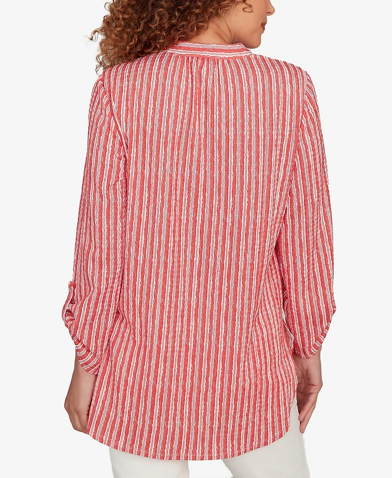 Ruby Rd. Petite Crinkle Knit Striped Henley Top